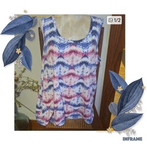 Woman Within White Tank Top with Blue & Pink Tie-Dye Pattern Size 18/20